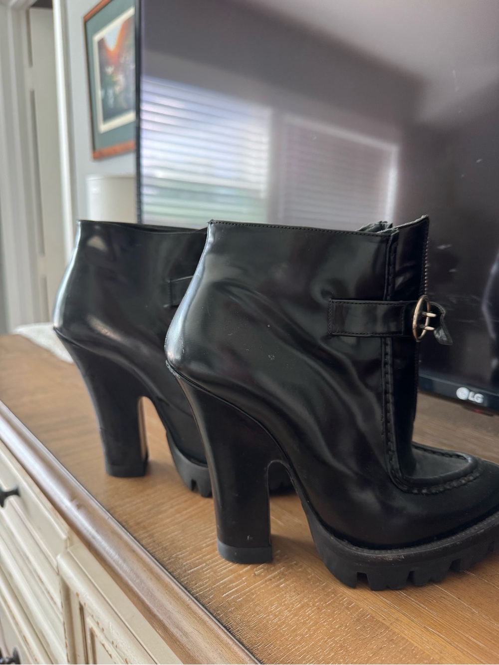 Prada Black Patent Leather Chunky Heel Ankle Boots